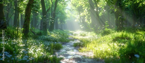 A Tranquil D Rendered Forest Path Glowing with Dappled Sunlight and Ethereal Light © Sittichok
