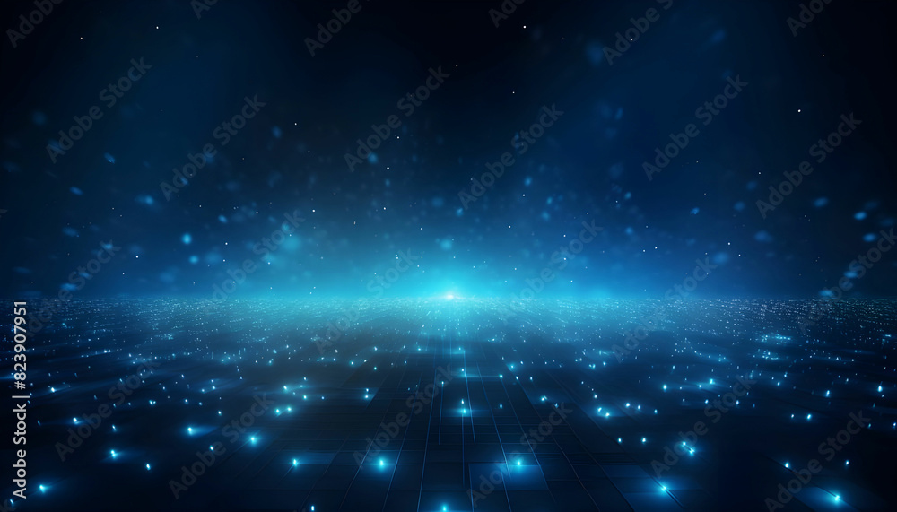 Abstract dark blue digital background with sparkling blue light particles and areas with deep depths Particles form into lines, surfaces and grids