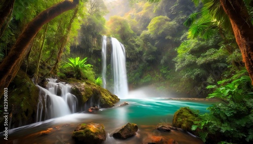 A lush tropical landscape with dense jungle and cascading waterfalls.