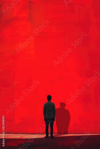 Silhouette Shadow of a Person Against Red Wall Abstract Urban City Portrait Artwork Background Concept, Web Graphic Wallpaper, Vertical 9:16 Digital Art Backdrop © Jensen Art Co