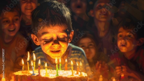 The drawing of the child blowing out the candles of the birthday cake with the happiness and the excitement, the birthday is the celebration day for celebrate the anniversary of their birth. AIG43.