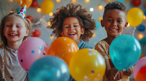 Group of Children Playing With Balloons and Confetti
