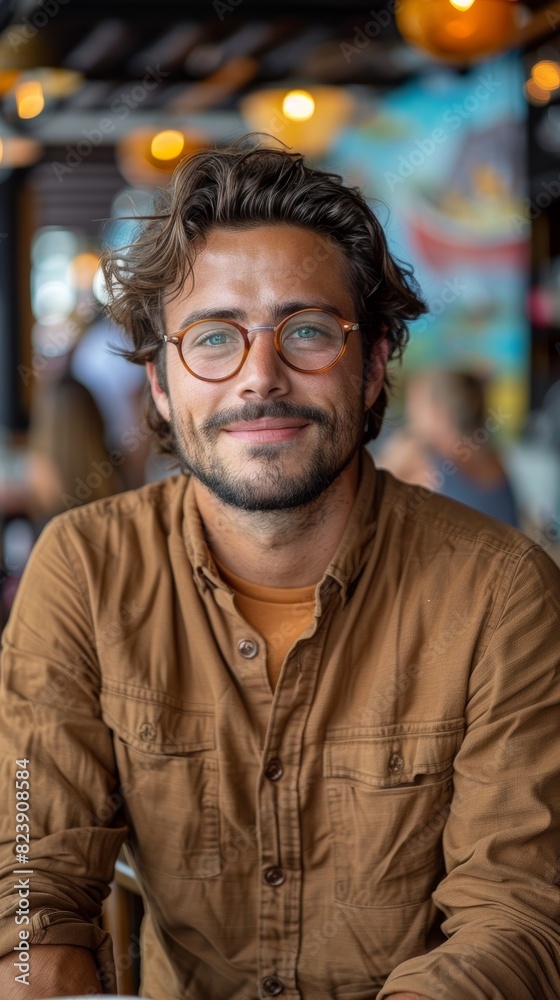 A young man with glasses and a brown shirt smiles warmly while sitting in a vibrant caf? with colorful lights and a lively atmosphere in the background