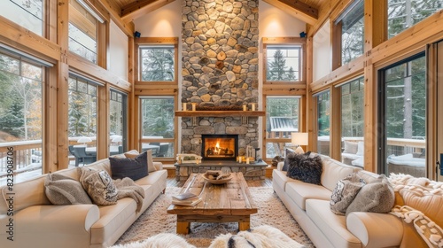 A cozy living room with a fireplace and a large stone fireplace