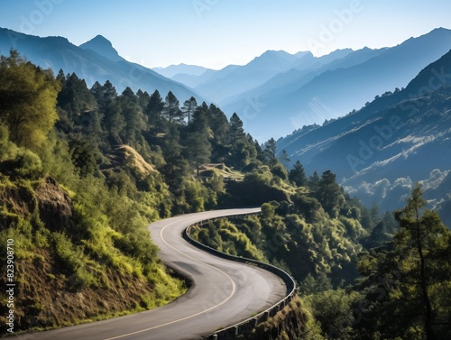 Motorists navigate a serpentine road through mountains at sunrise