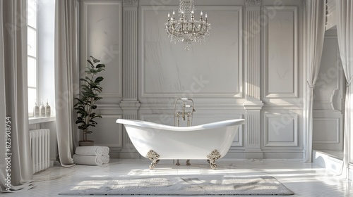 A large white bathtub sits in a room with white walls and white curtains