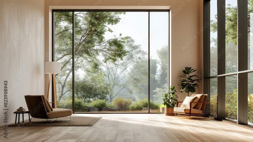 A large open room with a view of trees and a potted plant A large open room with a view of trees and a potted plant