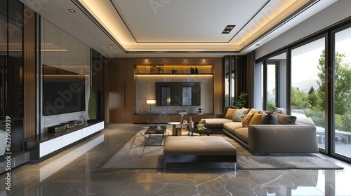 A Living Room With Furniture and Large Window