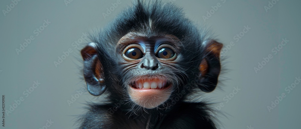 A comical monkey with a wide grin poses in a closeup shot against a light grey backdrop, with room for text A comical monkey with a wide grin poses in a closeup shot against a light grey backdrop, with room for text