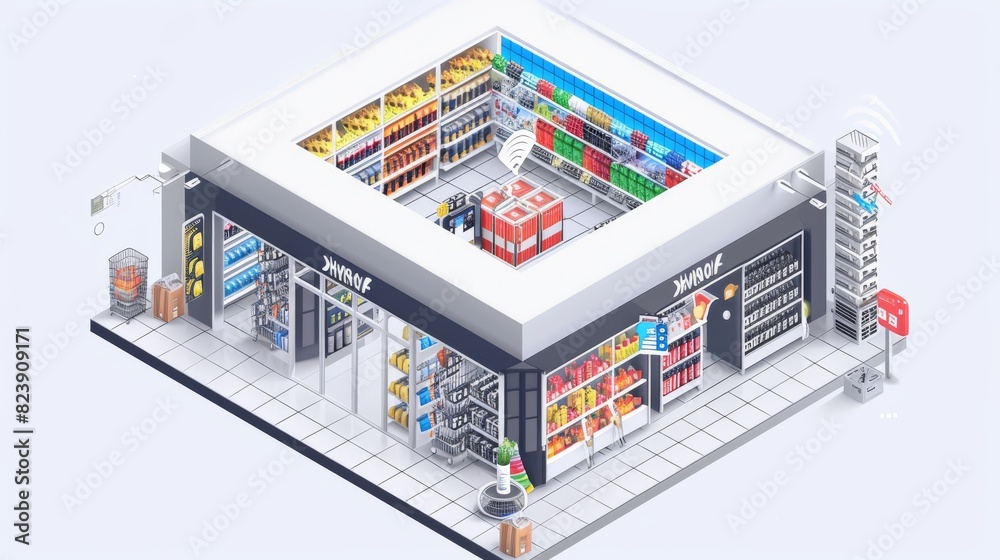 Isometric illustration of a contemporary supermarket with stocked shelves, shopping carts, and clear signage, showcasing a bustling retail environment.