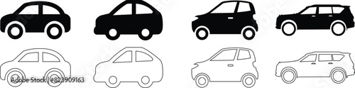 Car icons set. The car from different style vector. Side view black line and flat collection isolated on transparent background. Transportation symbol, traffic sign, travel element for website and app