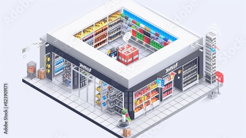 Obraz na płótnie Isometric illustration of a contemporary supermarket with stocked shelves, shopping carts, and clear signage, showcasing a bustling retail environment. w salonie
