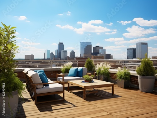 Relaxing on a Rooftop Patio with City Skyline View in Summer © P-O-P