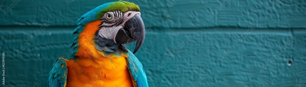 A parrot with a comical expression stands out against a teal backdrop with space for text beside