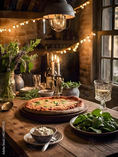 A cozy evening is made perfect with a table set with a delicious pizza and a glass of wine.