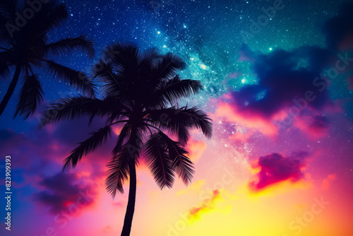 Palm tree with colorful sky in the background and stars in the sky.