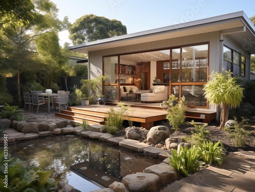 Sunny Day at a Modern Home with Outdoor Pond Garden © P-O-P