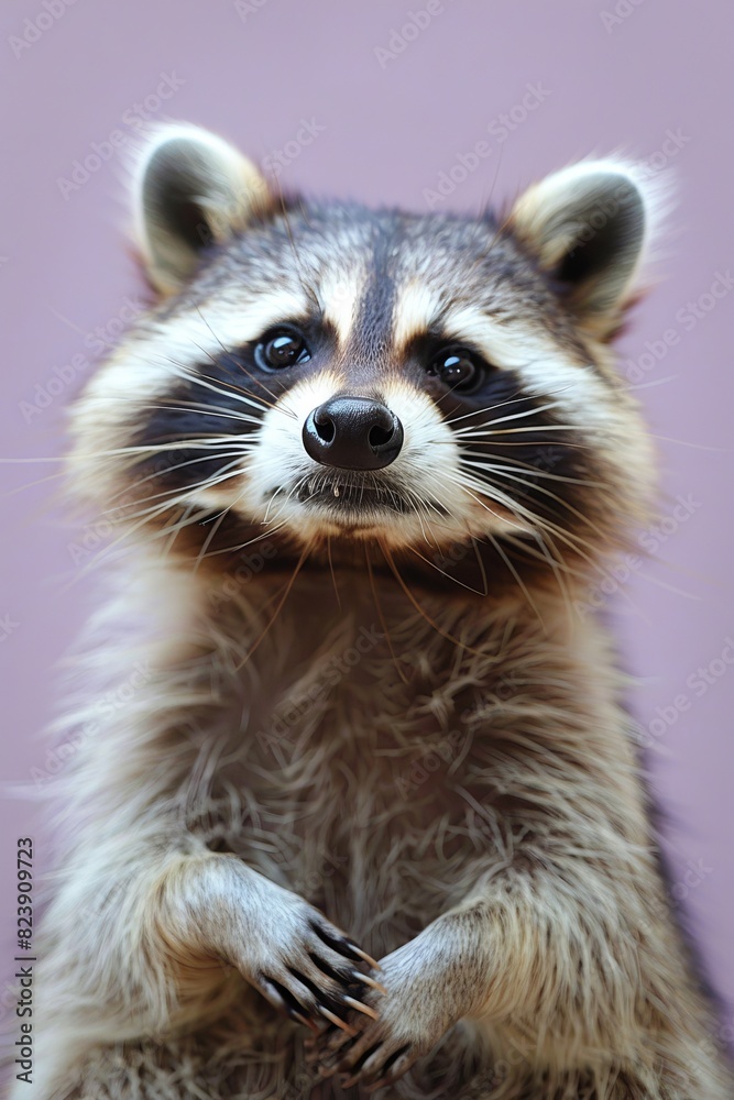 Closeup portrait of a mischievous raccoon with a cheeky grin against a lavender background, providing space for text Closeup portrait of a mischievous raccoon with a cheeky grin against a lavender background, providing space for text