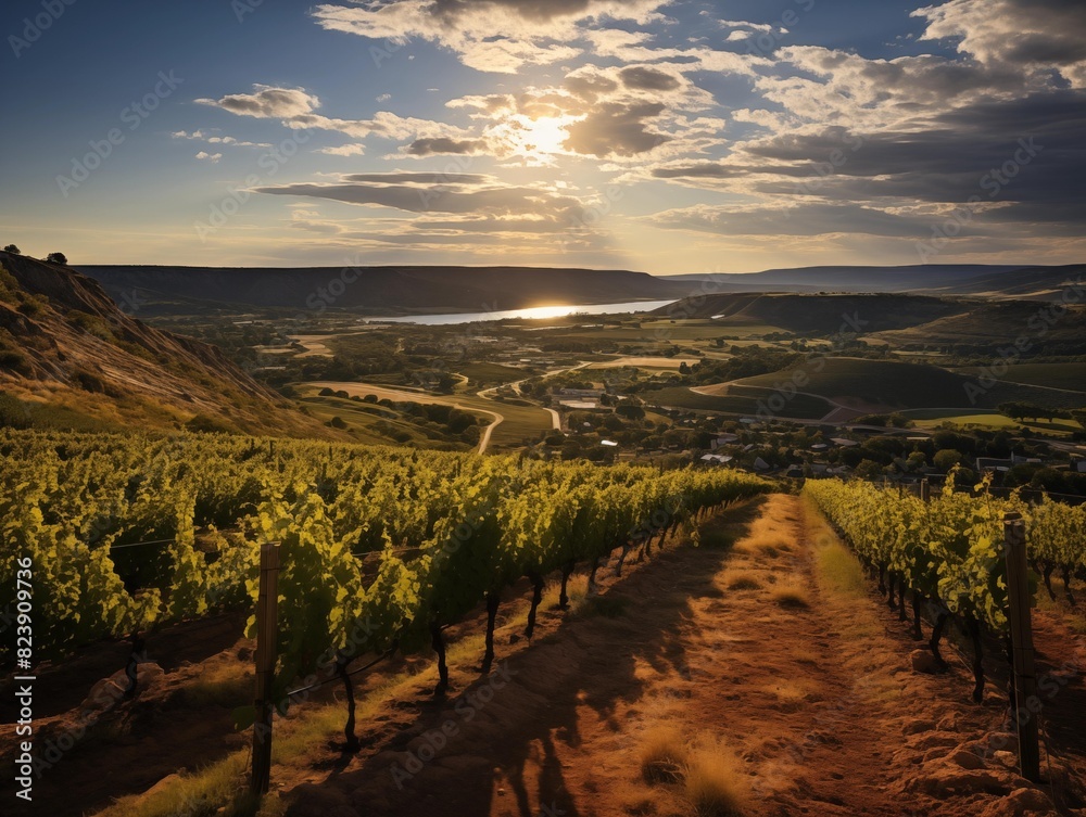 Naklejka premium Sunset Over Vineyards in a Serene Valley