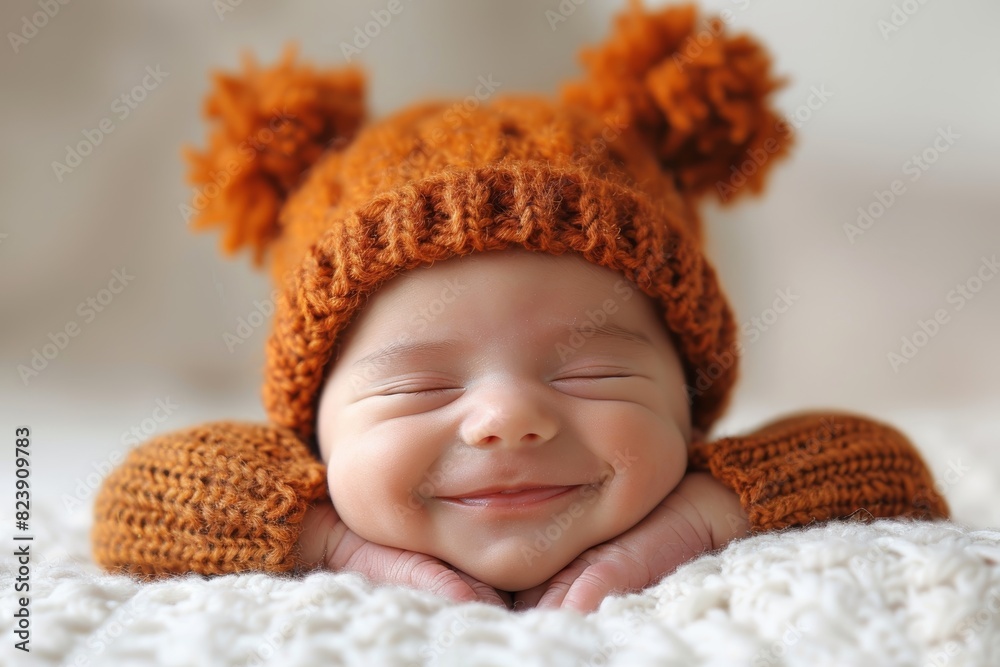 An adorable baby smiling peacefully while wearing a cozy orange knitted hat with pom-poms and matching sweater, captured in a close-up shot An adorable baby smiling peacefully while wearing a cozy orange knitted hat with pom-poms and matching sweater, captured in a close-up shot