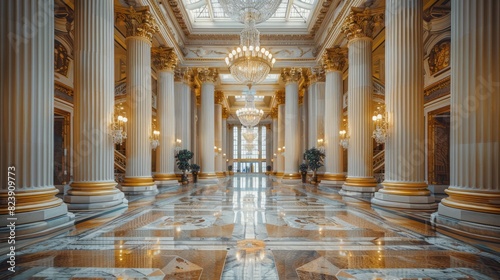 A large, empty room with gold pillars and chandeliers photo