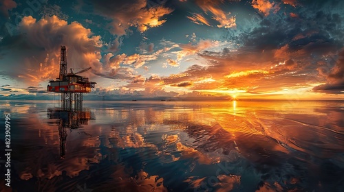 panoramic shot of oil rig at sea with beautiful sunset photo