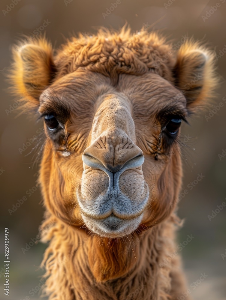Fototapeta premium A camel's comical closeup with fluttering eyelashes on a sandy background offers ample copy space