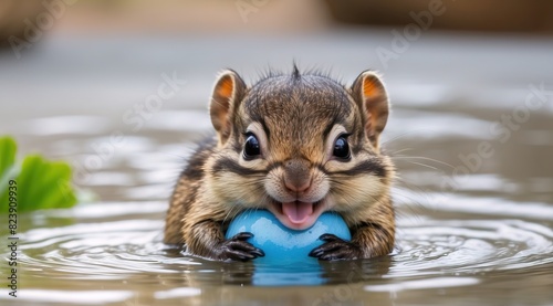 Baby chipmunk playing in waterpool, happy baby photo