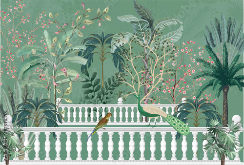Tropical jungle wallpaper bird, peacock illustrations. Banana leaves Tropical leaves wallpaper for digital printing. Exotic jungle wallpaper.