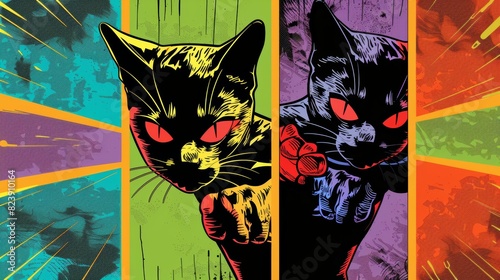 Pop Art Inspired Cat Superhero Poster - Vibrant and Bold Panels for Modern Decor or Graphic Design © spyrakot