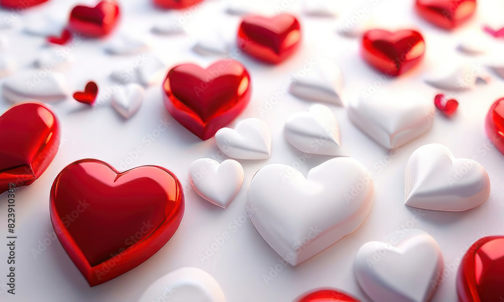 Fototapeta premium White background with many red hearts all around it with empty space in center
