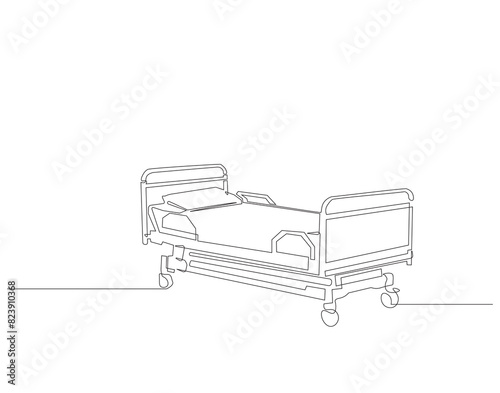 Continuous one line drawing of hospital patient bed. One line drawing illustration of hospital room interior. Empty hospital room concept continuous line art. Editable outline.