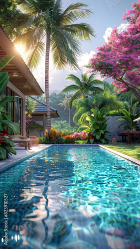 Tropical resort with pool and lush garden - This vibrant image captures a serene tropical resort setting with a swimming pool surrounded by lush greenery and flowering trees, embodying relaxation and 