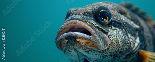 A fish with puckered lips in a comical closeup against a deep blue backdrop offers copy space photo