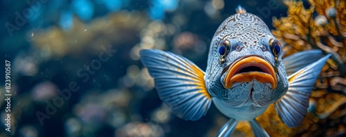 Comical closeup of a fish, puckered lips, isolated on a deep blue background, copy space photo