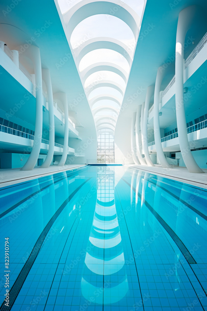 Large swimming pool with skylight above it and long row of columns. Large swimming pool with skylight above it and long row of columns.
