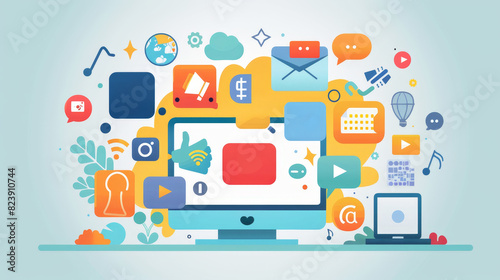 Wallpaper Mural Colorful digital social media icons - Vibrant digital illustration with a myriad of social media and digital marketing icons around a computer Torontodigital.ca