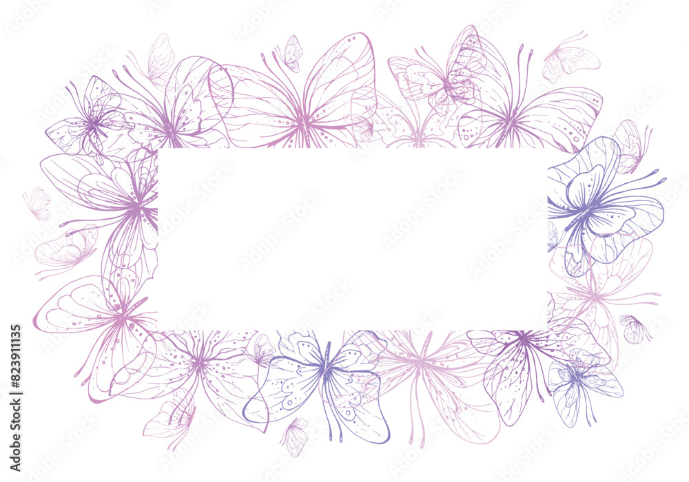 Butterflies are pink, blue, lilac, flying, delicate line art. Graphic illustration hand drawn in pink, lilac ink. Square frame, template EPS vector. Butterflies are pink, blue, lilac, flying, delicate line art. Graphic illustration hand drawn in pink, lilac ink. Square frame, template EPS vector.