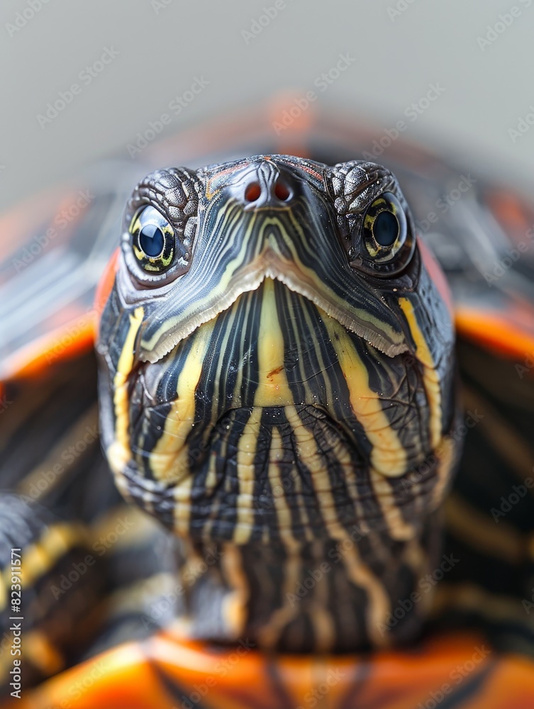 Obraz premium Turtle with a comical closeup, extending its head against an orange backdrop, with space for text