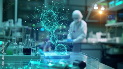 A scientist in a lab coat examines a dynamic holographic DNA structure in a futuristic laboratory environment. photo