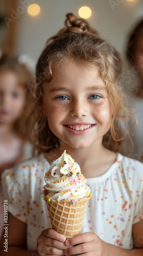 Smiling girl holding an ice cream cone with sprinkles  perfect f