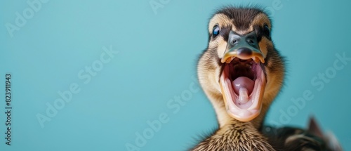 A duck's closeup with open beak on royal blue background, room for text, in a humorous portrait photo