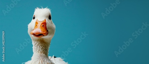 A duck with its beak wide open, set against a royal blue backdrop, offering a comical close-up with room for text photo