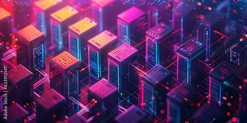 Isometric network devices in a modern cloud technology data center with neon colors. Concept Isometric Illustrations, Network Devices, Cloud Technology, Data Center, Neon Colors