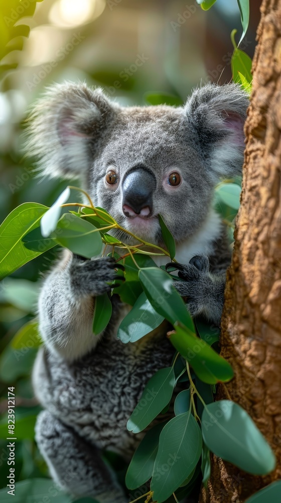 Fototapeta premium A koala in a closeup portrait, with sleepy eyes, against a eucalyptus green backdrop, providing copy space