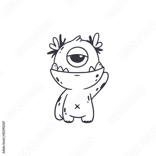 cute monster isolated on white background for coloring pages, magazines. Alien, cartoon character. Sketch, doodle. Vector illustration © Alina