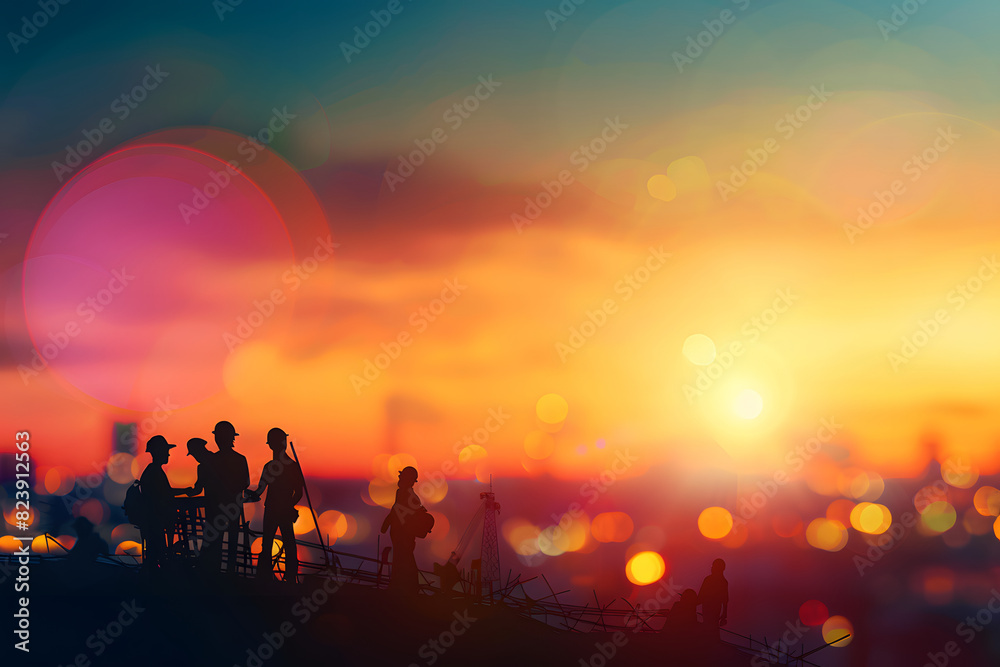 Fototapeta premium Silhouette of engineer and worker on building construction site at sunset in evening time.