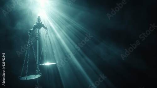 Artistic rendering of the Scales of Justice under a spotlight with mystical rays of light, symbolizing law and fairness. photo