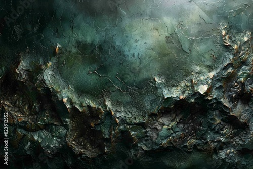 An abstract image featuring a textured and cracked surface with various shades of green and dark tones, suggesting a natural, rocky landscape or an artistic representation of geological formations photo