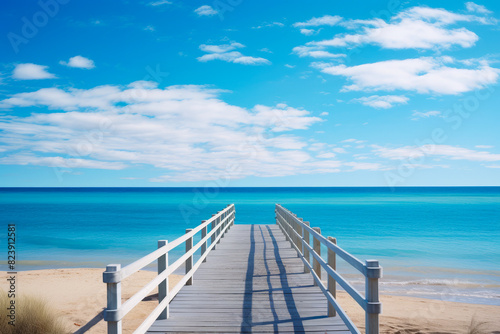 Wooden pier leading to the ocean on sunny day.